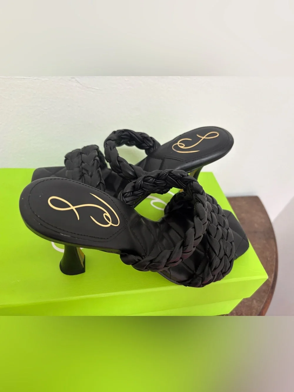 NIB Sam Edelman Meghan Black Nappa Braided Mule Heels Size 8.5 Square Toe